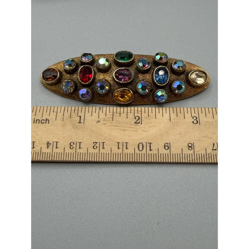 Vintage Art Deco Style Brooch 1950s Multi Color Rhinestones Gold Tone #1057